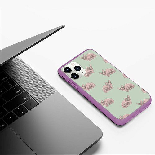 Чехол iPhone 11 Pro матовый Сфинкс коты паттерн / 3D-Фиолетовый – фото 3