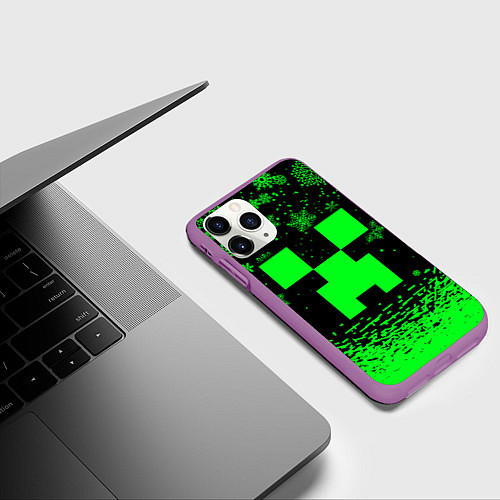 Чехол iPhone 11 Pro матовый НОВОГОДНИЙ КРИПЕР МАЙНКРАФТ ЗЕЛЁНЫЙ / 3D-Фиолетовый – фото 3