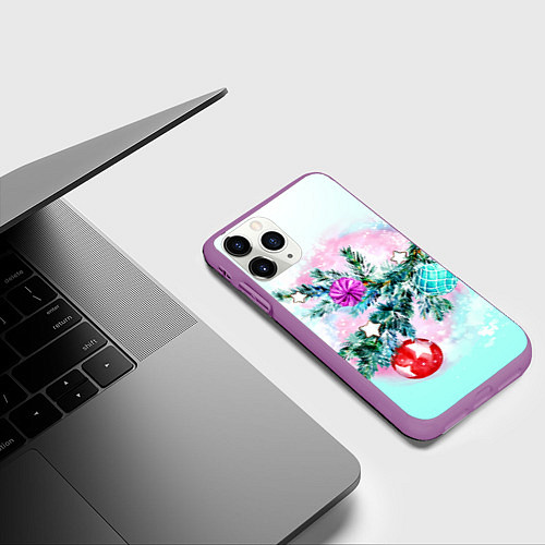 Чехол iPhone 11 Pro матовый Новогодние украшения Елочка / 3D-Фиолетовый – фото 3