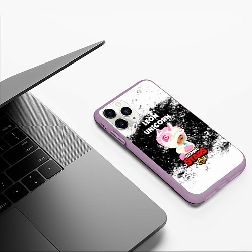 Чехол iPhone 11 Pro матовый BRAWL STARS LEON UNICORN РОЗОВЫЙ / 3D-Сиреневый – фото 3