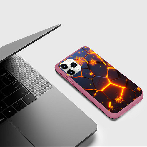 Чехол iPhone 11 Pro матовый НОВОГОДНИЕ ОГНЕННЫЕ 3D ПЛИТЫ FIRE NEON HEXAGON / 3D-Малиновый – фото 3
