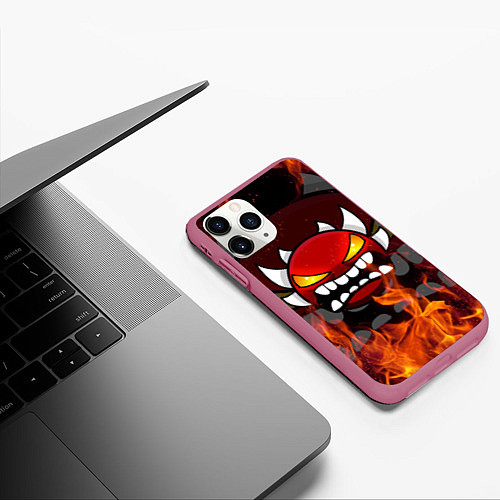 Чехол iPhone 11 Pro матовый GEOMETRY DASH DEMON FIRE SMILE / 3D-Малиновый – фото 3