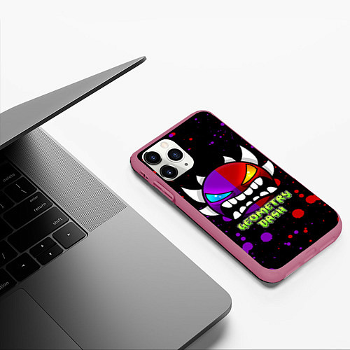 Чехол iPhone 11 Pro матовый GEOMETRY DASH DEMONS LEVELS, БРЫЗГИ КРАСОК / 3D-Малиновый – фото 3