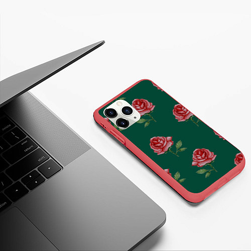 Чехол iPhone 11 Pro матовый Ярко красные розы на темно-зеленом фоне / 3D-Красный – фото 3