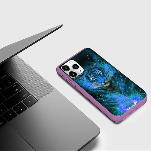 Чехол iPhone 11 Pro матовый Водяной голубой Тигр / 3D-Фиолетовый – фото 3
