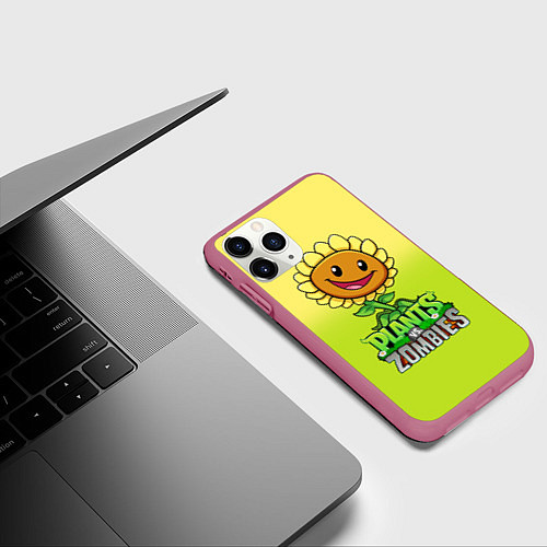 Чехол iPhone 11 Pro матовый Plants vs Zombies - Подсолнух / 3D-Малиновый – фото 3