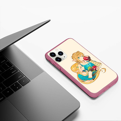 Чехол iPhone 11 Pro матовый Линк и Зельда с яблоками / 3D-Малиновый – фото 3