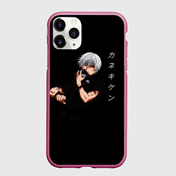 Чехол iPhone 11 Pro матовый Токийский Гуль снимает маску Иероглифы, цвет: 3D-малиновый