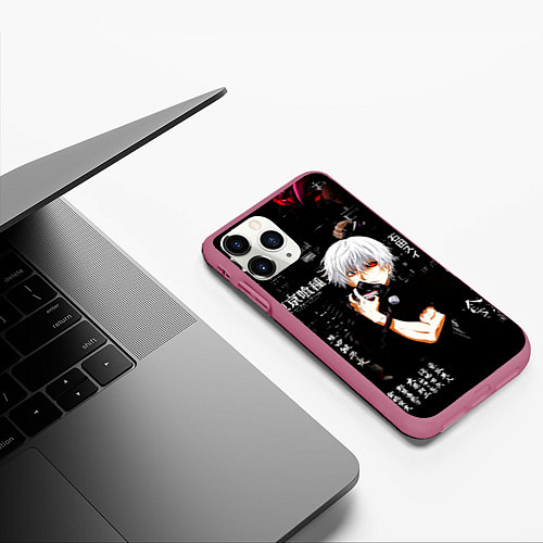 Чехол iPhone 11 Pro матовый Токийский Гуль на фоне Иероглифов Tokyo Ghoul / 3D-Малиновый – фото 3