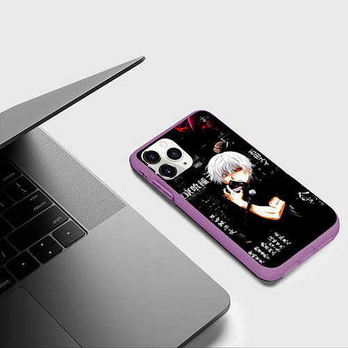 Чехол iPhone 11 Pro матовый Токийский Гуль на фоне Иероглифов Tokyo Ghoul / 3D-Фиолетовый – фото 3