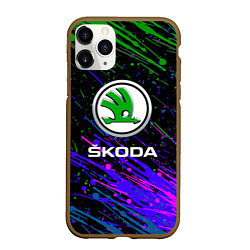 Чехол iPhone 11 Pro матовый Skoda разноцветные брызги, цвет: 3D-коричневый