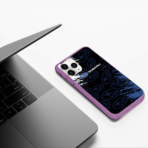 Чехол iPhone 11 Pro матовый Subaru - Logo pattern / 3D-Фиолетовый – фото 3