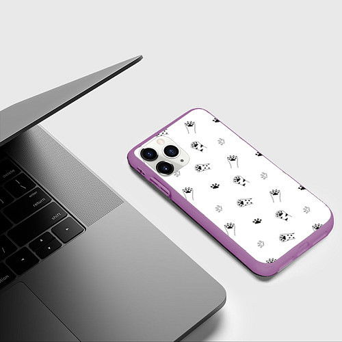 Чехол iPhone 11 Pro матовый Паттерн - кошачьи лапки 3D / 3D-Фиолетовый – фото 3