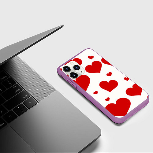 Чехол iPhone 11 Pro матовый Красные сердечки Heart / 3D-Фиолетовый – фото 3