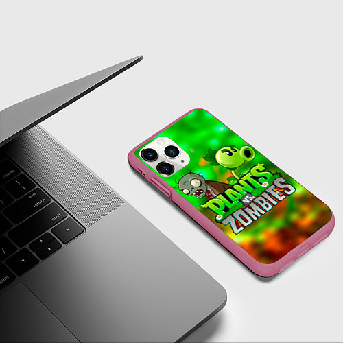 Чехол iPhone 11 Pro матовый Plants vs Zombies горохострел и зомби / 3D-Малиновый – фото 3