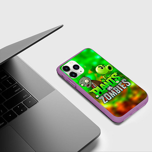Чехол iPhone 11 Pro матовый Plants vs Zombies горохострел и зомби / 3D-Фиолетовый – фото 3