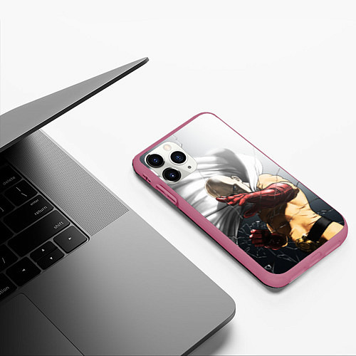 Чехол iPhone 11 Pro матовый One Punch Man - Сайтама / 3D-Малиновый – фото 3