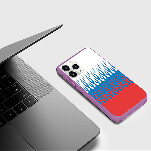 Чехол iPhone 11 Pro матовый Флаг России пламя / 3D-Фиолетовый – фото 3