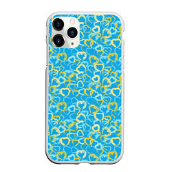 Чехол iPhone 11 Pro матовый Золотые и голубые сердца на небесно-синем фоне, цвет: 3D-белый