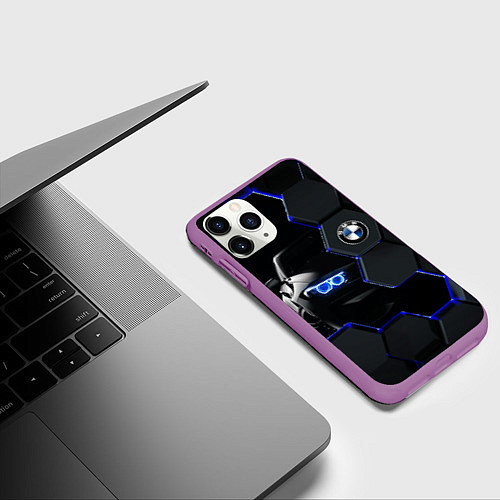 Чехол iPhone 11 Pro матовый BMW НЕОН СОТЫ / 3D-Фиолетовый – фото 3