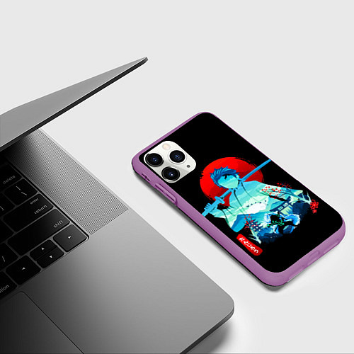 Чехол iPhone 11 Pro матовый Танджиро Комадо Силуэт Клинок рассекающий демонов / 3D-Фиолетовый – фото 3