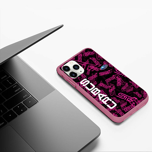 Чехол iPhone 11 Pro матовый SUBARU STI PATTERN / 3D-Малиновый – фото 3