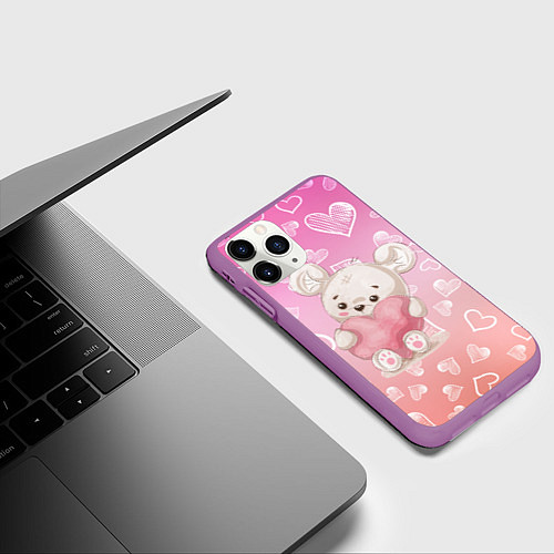 Чехол iPhone 11 Pro матовый Милый мишка в сердечках / 3D-Фиолетовый – фото 3