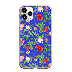 Чехол iPhone 11 Pro матовый Цветочки - синий фон - паттерн, цвет: 3D-розовый