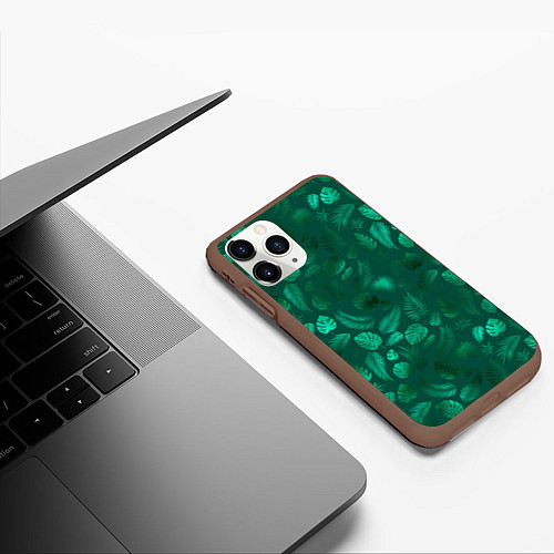 Чехол iPhone 11 Pro матовый Яркие зеленые листья / 3D-Коричневый – фото 3