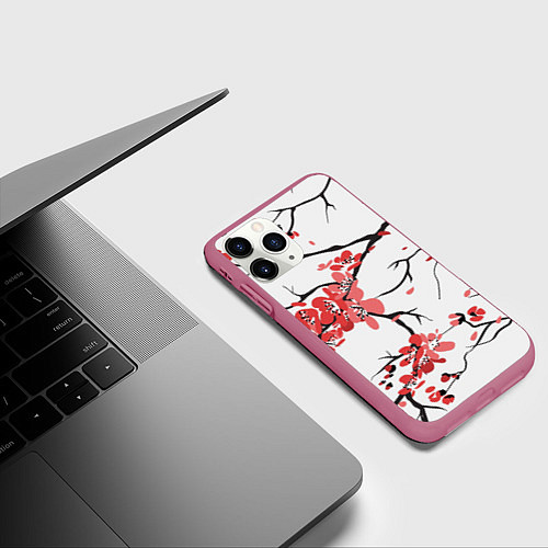 Чехол iPhone 11 Pro матовый Распустившиеся цветы / 3D-Малиновый – фото 3