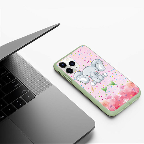 Чехол iPhone 11 Pro матовый Слоних в конфетти / 3D-Салатовый – фото 3