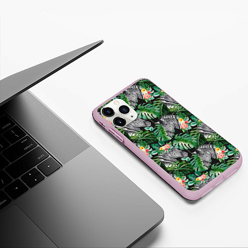 Чехол iPhone 11 Pro матовый Зебра и листья / 3D-Розовый – фото 3