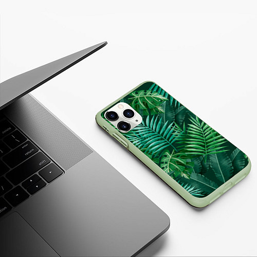 Чехол iPhone 11 Pro матовый Tropical plants pattern / 3D-Салатовый – фото 3