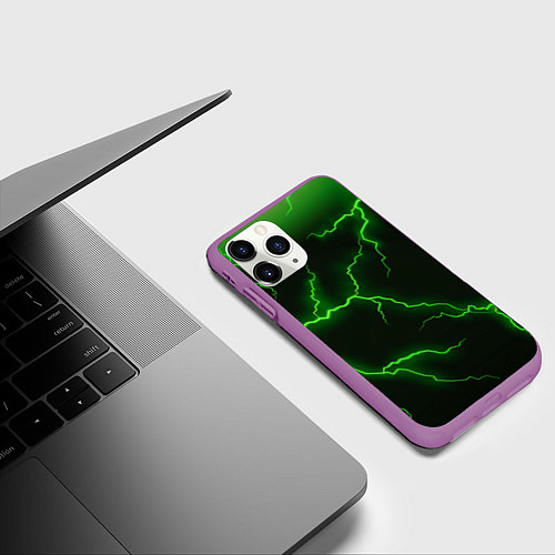 Чехол iPhone 11 Pro матовый Разряд молнии: Green / 3D-Фиолетовый – фото 3