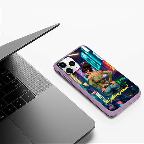 Чехол iPhone 11 Pro матовый Панам вид сзади Cyberpunk2077 / 3D-Сиреневый – фото 3