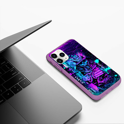 Чехол iPhone 11 Pro матовый Неоновый Японский Самурай Neon Samurai Skull / 3D-Фиолетовый – фото 3