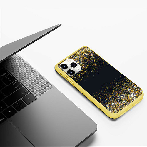 Чехол iPhone 11 Pro матовый Золотые блестки на темном фоне Сияющий глиттер, бл / 3D-Желтый – фото 3