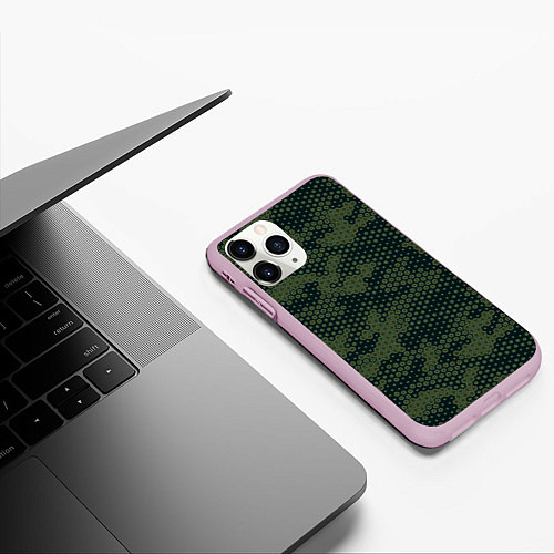 Чехол iPhone 11 Pro матовый Абстрактный геометрический зеленый камуфляж / 3D-Розовый – фото 3