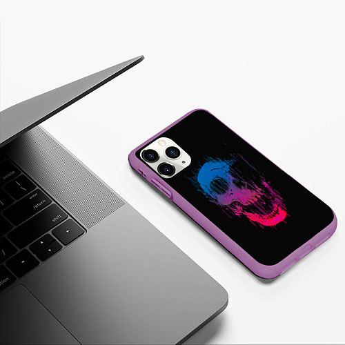 Чехол iPhone 11 Pro матовый Череп Неоновый градиент / 3D-Фиолетовый – фото 3