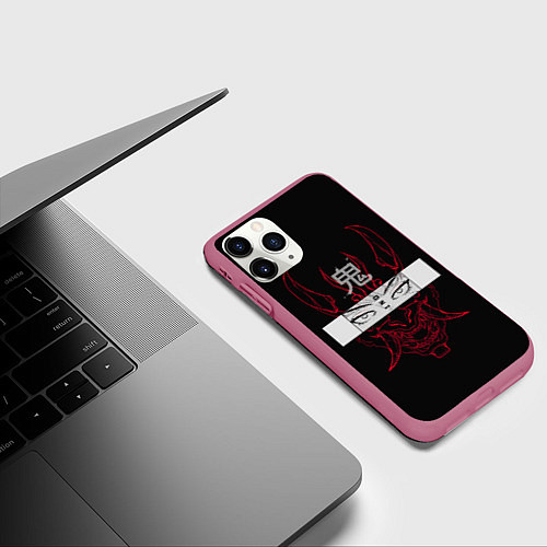 Чехол iPhone 11 Pro матовый Японский демон Oni / 3D-Малиновый – фото 3