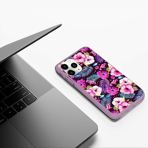 Чехол iPhone 11 Pro матовый Цветочный Паттерн Flowers and leaves / 3D-Сиреневый – фото 3