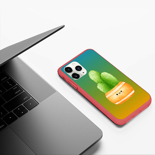 Чехол iPhone 11 Pro матовый Кактус в горшке с рожицей / 3D-Красный – фото 3