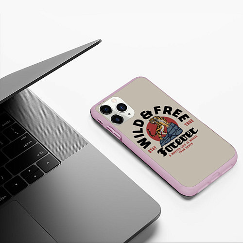 Чехол iPhone 11 Pro матовый Дикий тигр на скале / 3D-Розовый – фото 3