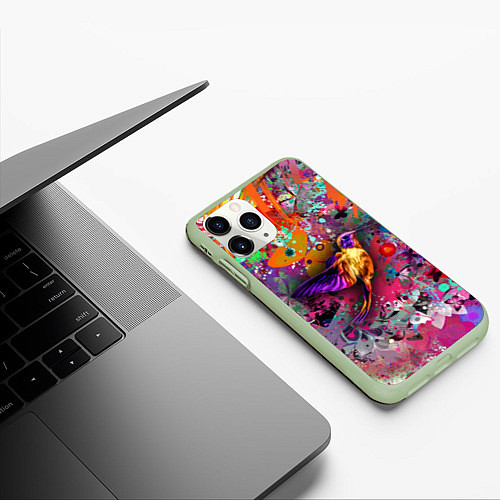 Чехол iPhone 11 Pro матовый Колибри Floral Pattern / 3D-Салатовый – фото 3