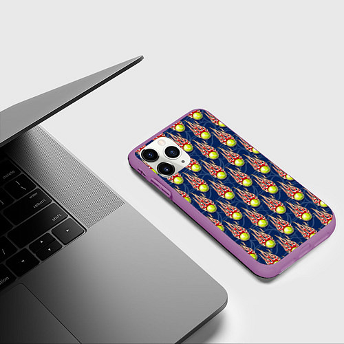 Чехол iPhone 11 Pro матовый Теннисные мячики в огне / 3D-Фиолетовый – фото 3