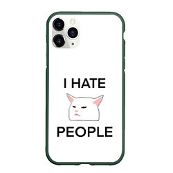 Чехол iPhone 11 Pro матовый I hate people, дизайн с белым мемным котом, цвет: 3D-темно-зеленый