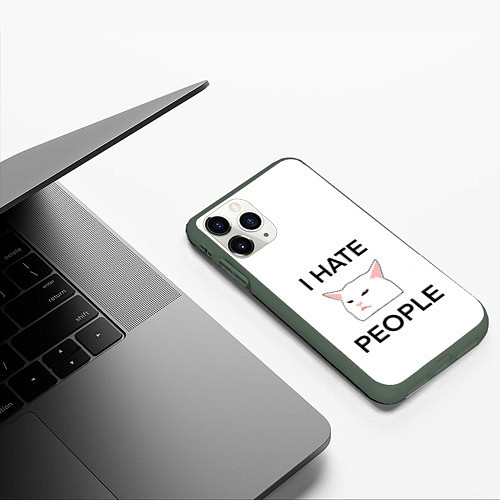 Чехол iPhone 11 Pro матовый I hate people, дизайн с белым мемным котом / 3D-Темно-зеленый – фото 3