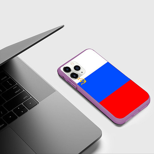 Чехол iPhone 11 Pro матовый Флаг России с серпом и молотом / 3D-Фиолетовый – фото 3
