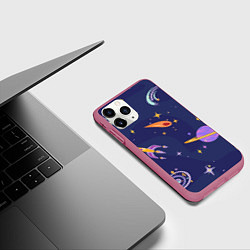 Чехол iPhone 11 Pro матовый Космический дизайн с планетами, звёздами и ракетам, цвет: 3D-малиновый — фото 2