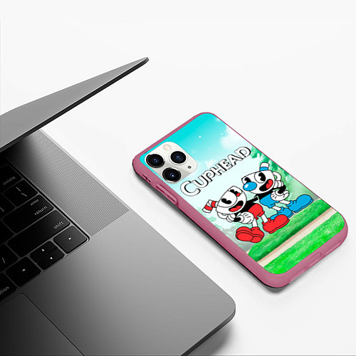 Чехол iPhone 11 Pro матовый Cuphead Красная и синяя чашечка / 3D-Малиновый – фото 3